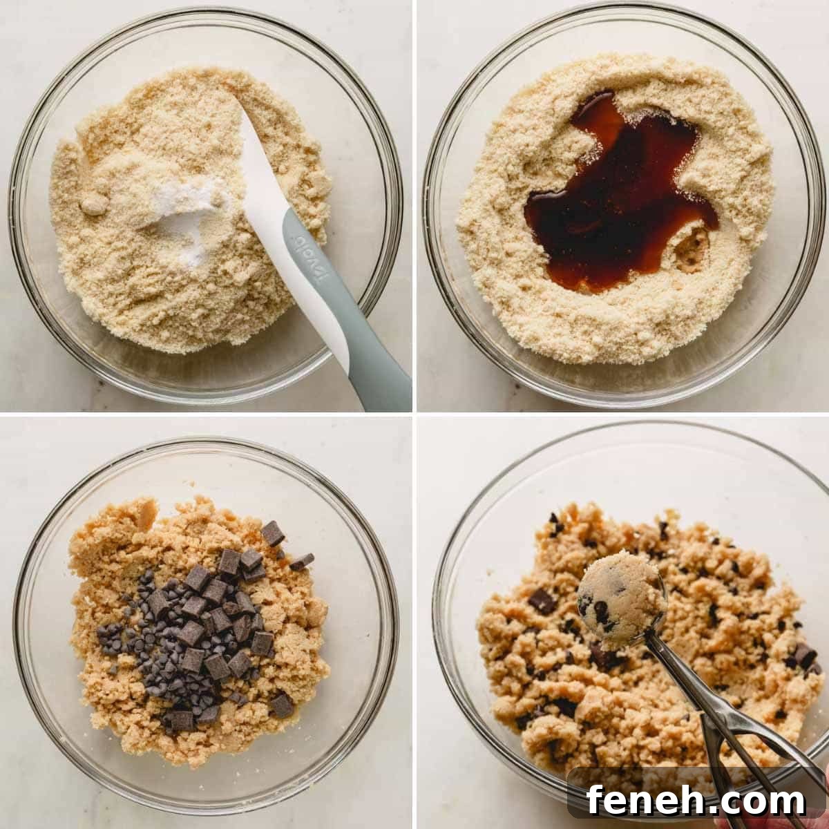 Four images showing the process of making almond flour cookies with chocolate chips.