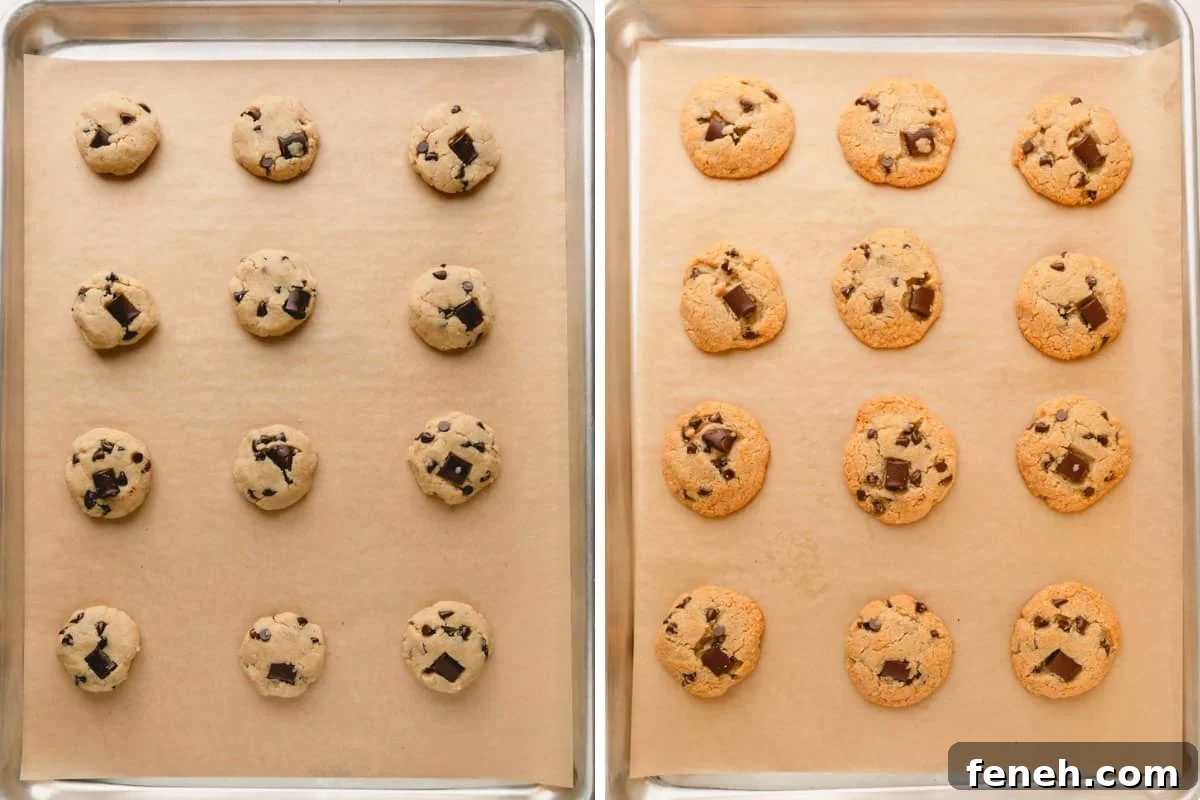 Two images showing unbaked and baked almond flour cookies with chocolate chips on baking sheets.