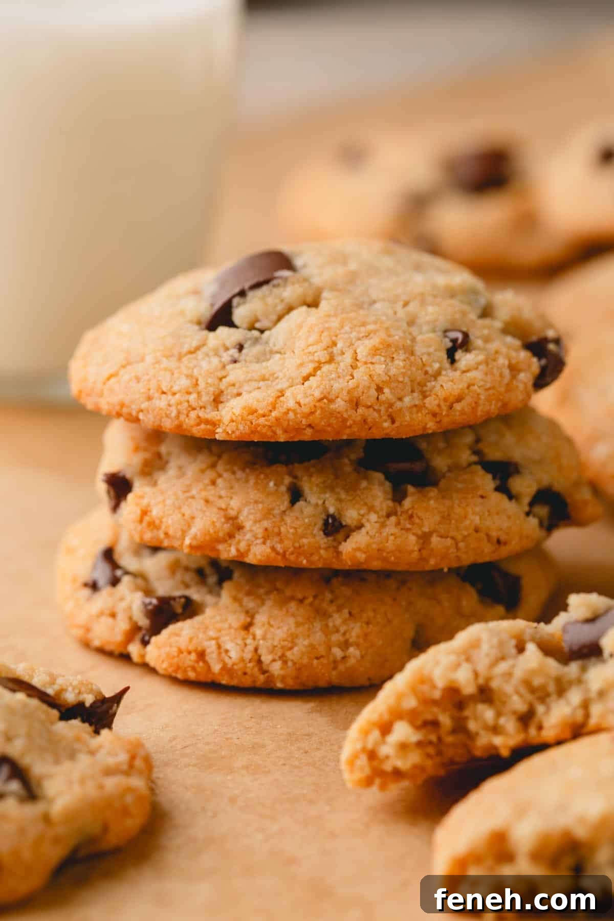 A stack of three almond flour cookies with chocolate chips.