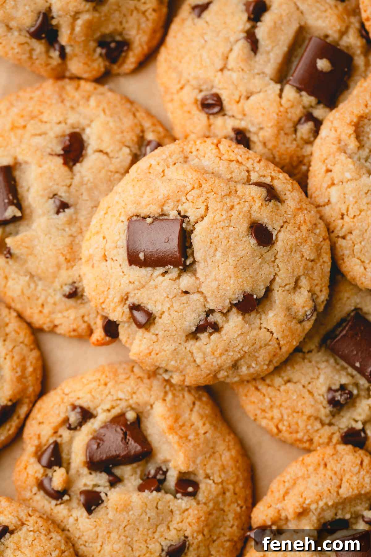 A pile of almond flour cookies with chocolate chunks and chocolate chips.