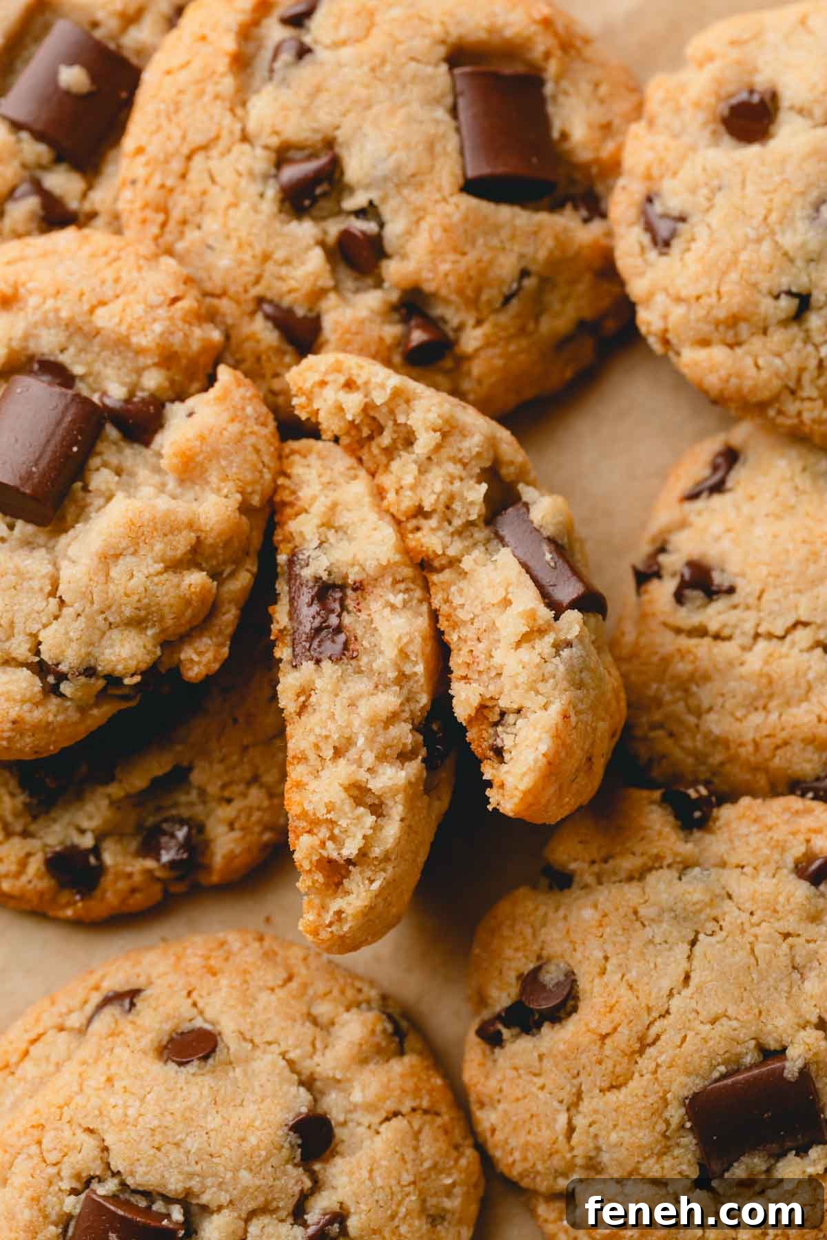 Almond flour cookies with chocolate chips with one cookie split in half.
