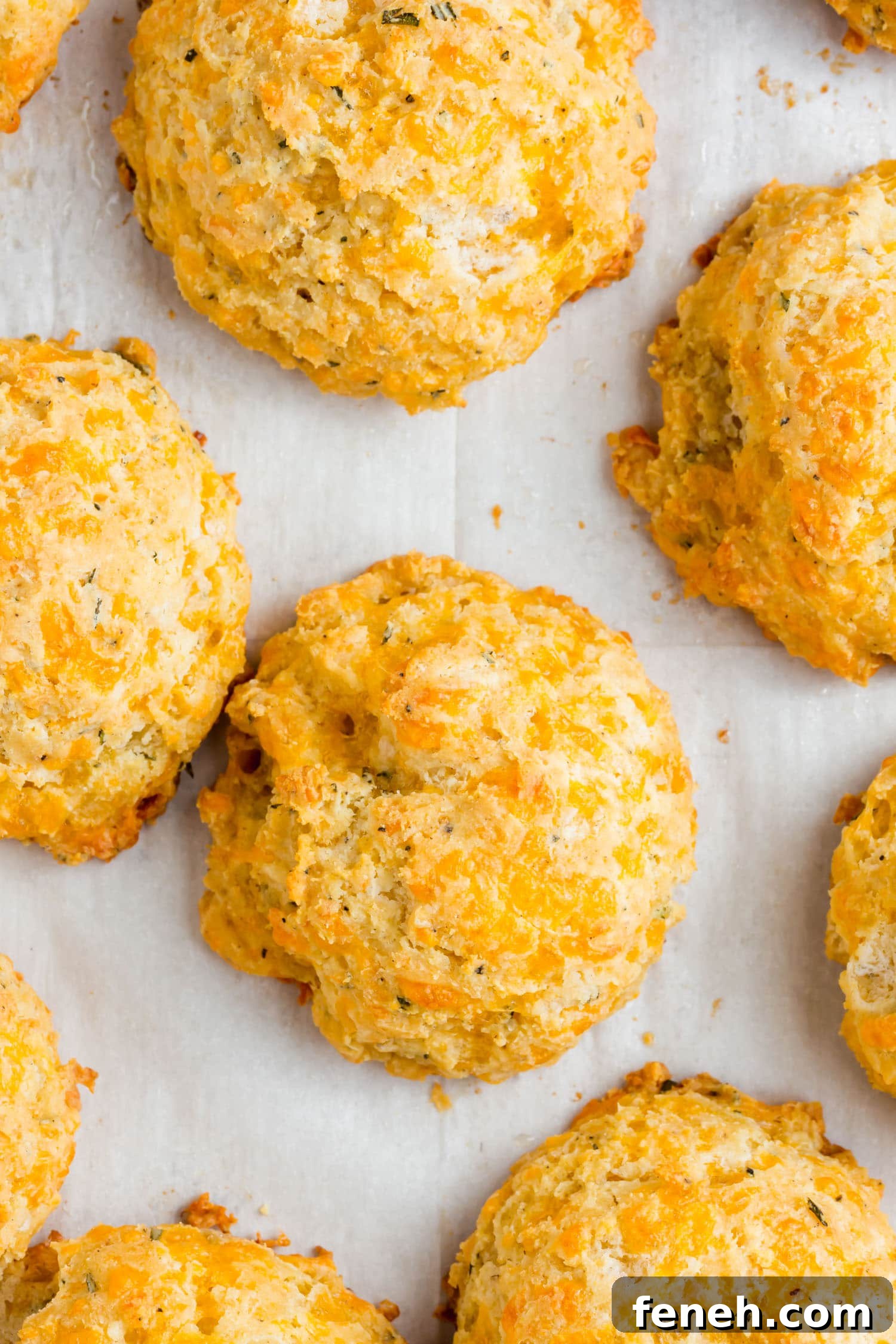 An overhead shot of gluten-free cheese biscuits on parchment paper.