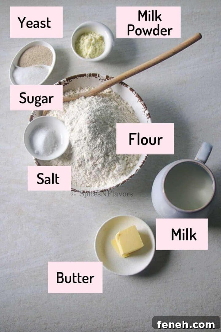 Ladi Pav (Eggless Soft Dinner Rolls) Recipe 3 ingredients needed to make the pav placed on a white marble