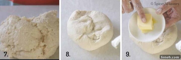 Ladi Pav (Eggless Soft Dinner Rolls) Recipe 5 stages of dough after kneading
