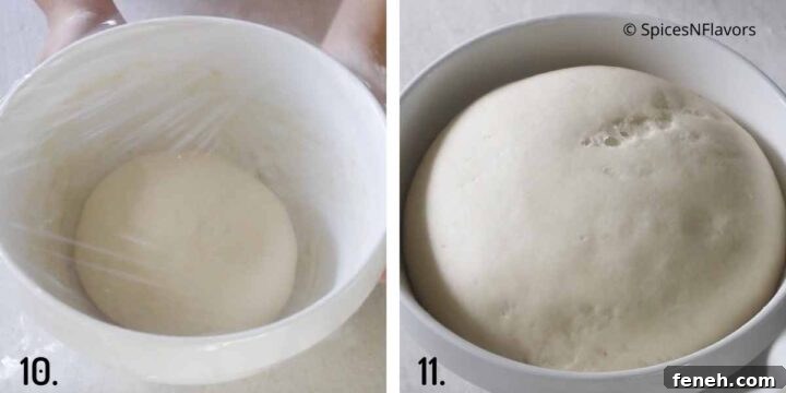 Ladi Pav (Eggless Soft Dinner Rolls) Recipe 7 bread dough proofed in a bowl