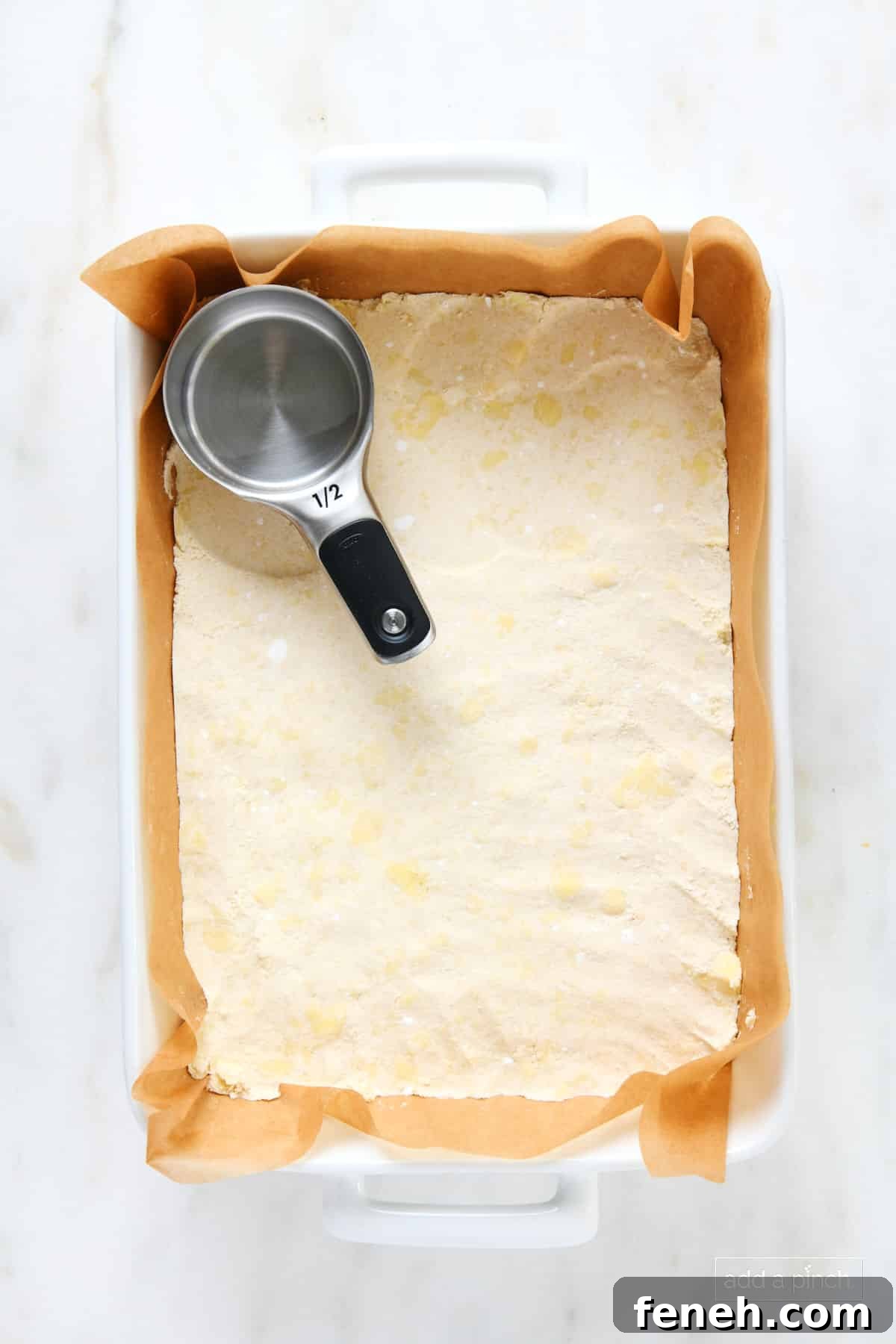 Shortbread crust in a 9x13 pan.