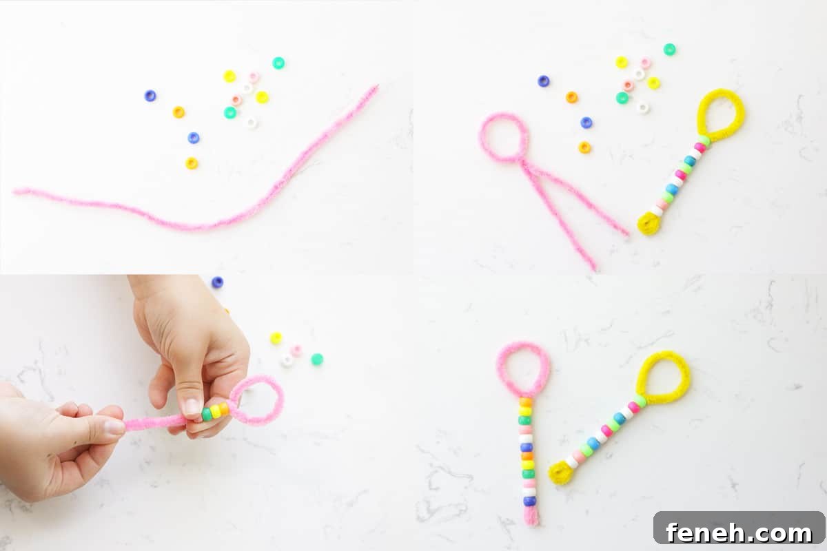 a handmade bubble wand made with a pipe cleaner and pony beads