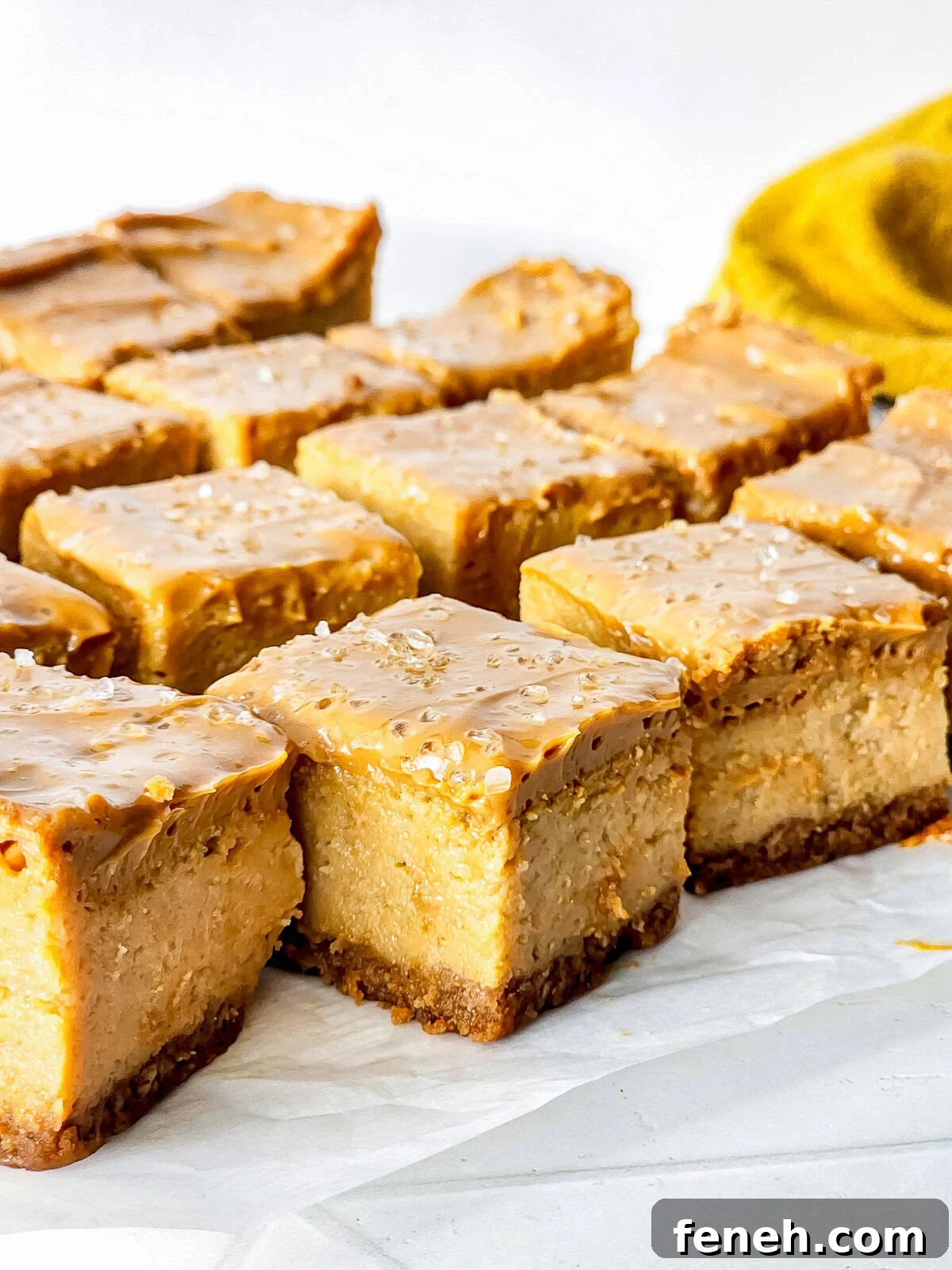 Dulce De Leche Cheesecake cut on parchment paper