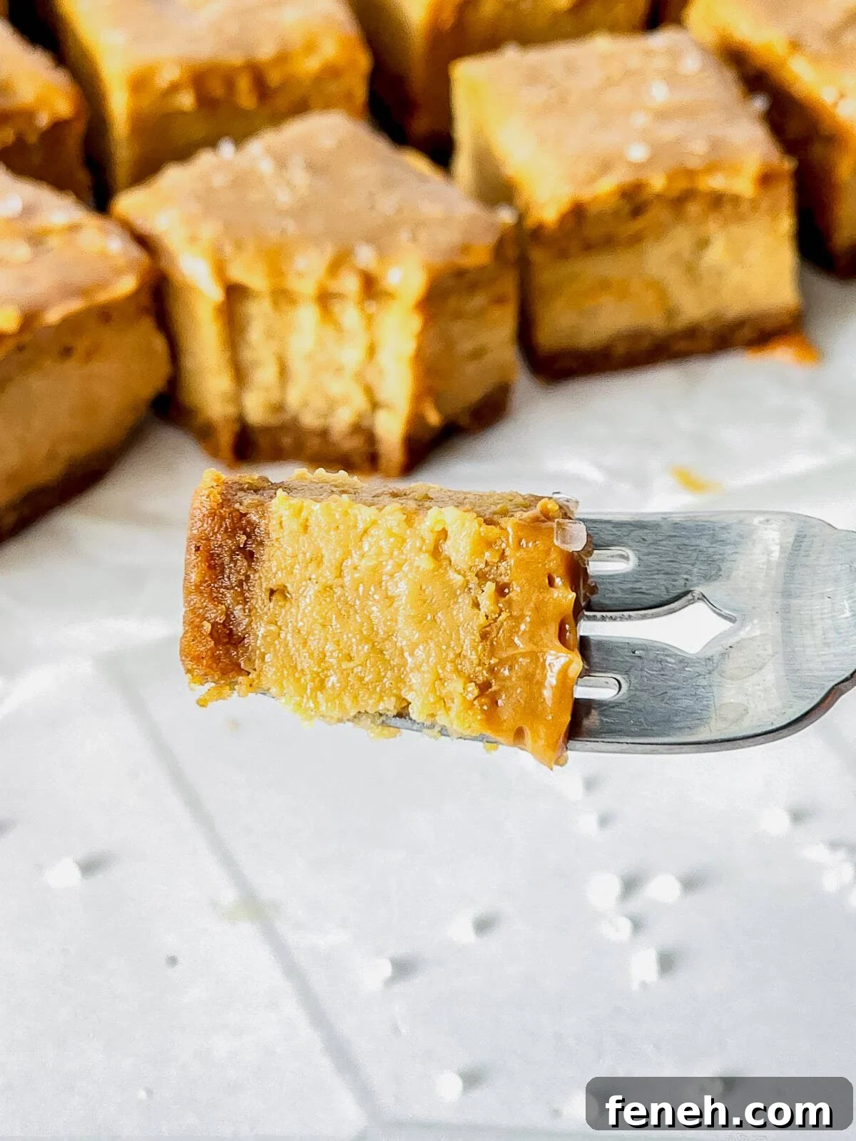 a fork holding a bite of Dulce de Leche Cheesecake in air
