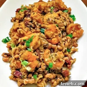 black eyes pea jambalaya on white platter