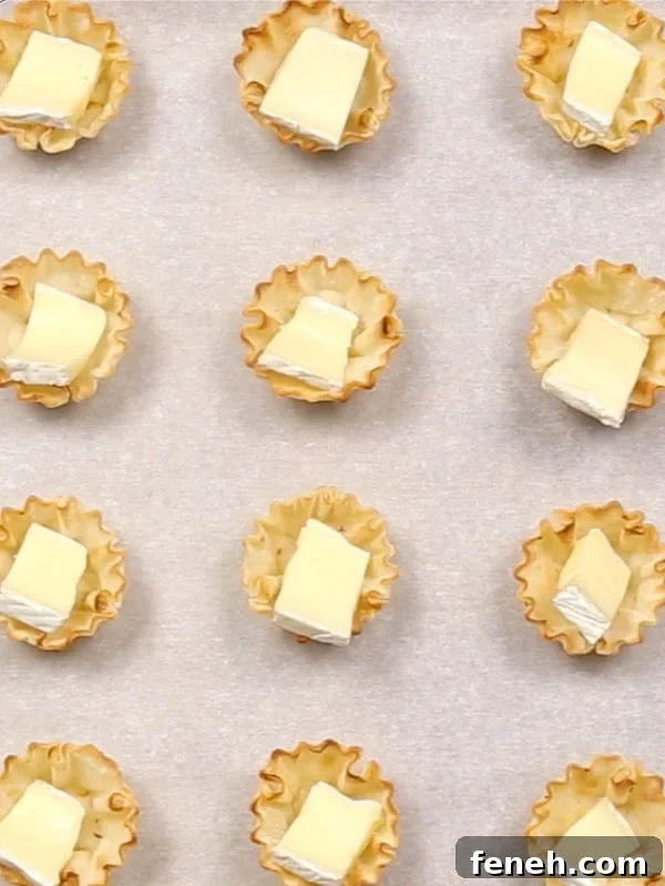 Phyllo cups with a piece of brie in each on on a parchment lined pan.