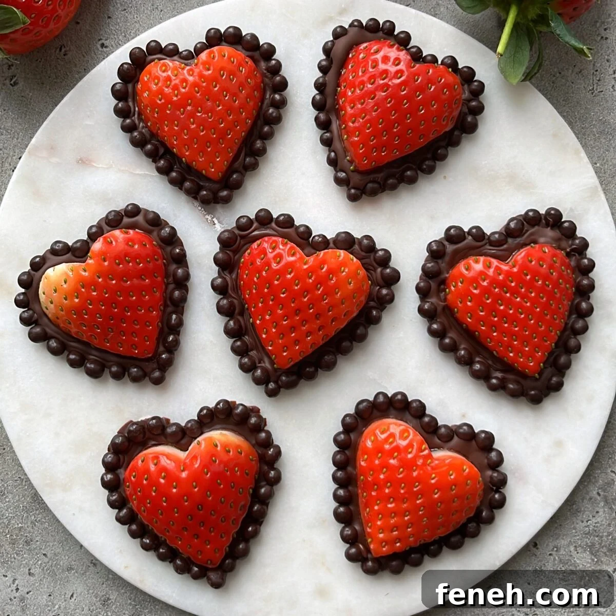 Seven heart-shaped strawberries dipped in chocolate and bordered with chocolate balls are arranged on a round white marble surface.