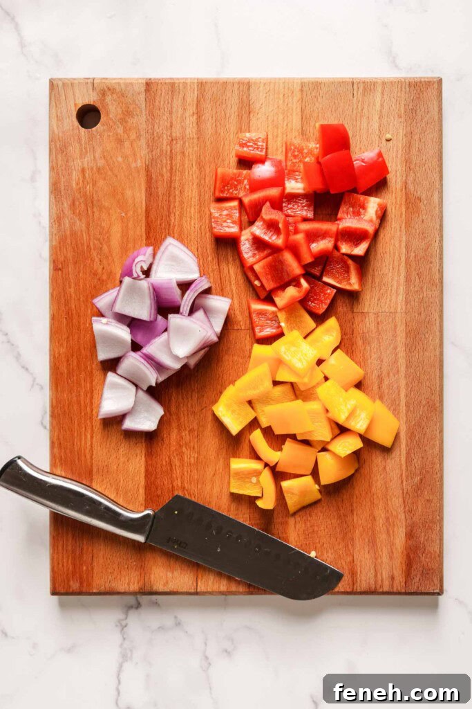 vegetables cut for chicken skewers.