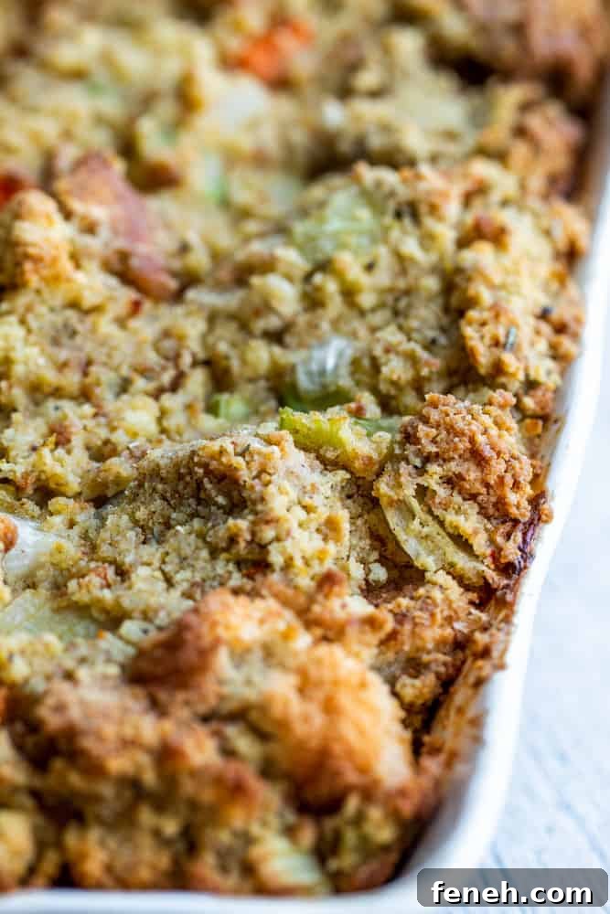 Close up shot of stuffing in white baking dish.