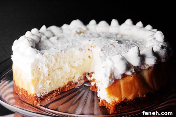 A creamy cheesecake baked in a water bath.