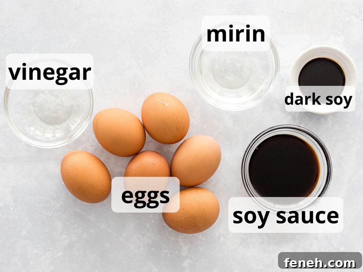 Ingredients for ramen eggs with soy sauce and mirin marinade with text overlay.