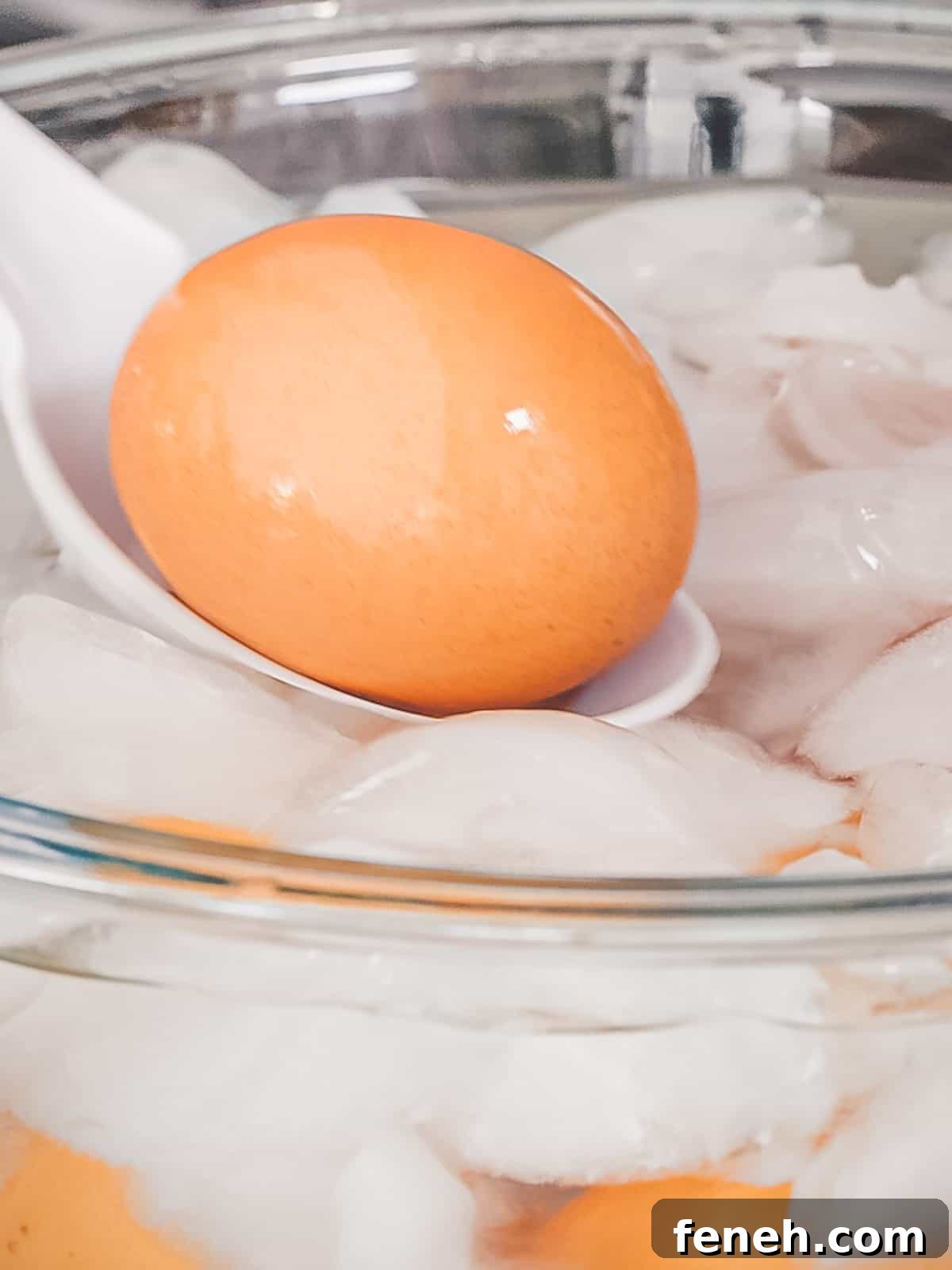 Soft boiled egg placed in an ice bath to stop cooking.