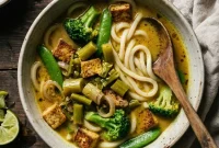 Garlic Scape Coconut Curry Soup with Tofu and Summer Veggies