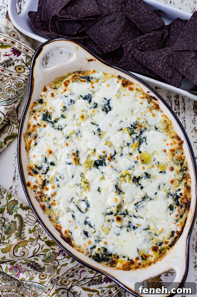 A casserole dish of baked spinach artichoke dip with melted mozzarella on top. A tan, green and purple napkin sit next to it. A bowl of blue corn chips are at the top of the photo.