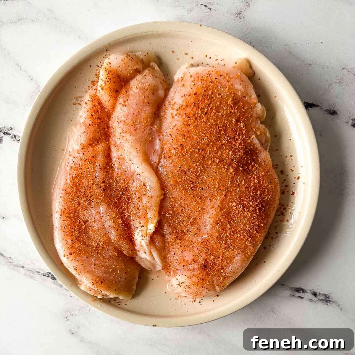 Two chicken breasts on a white plate coated liberally with Tajín seasoning.