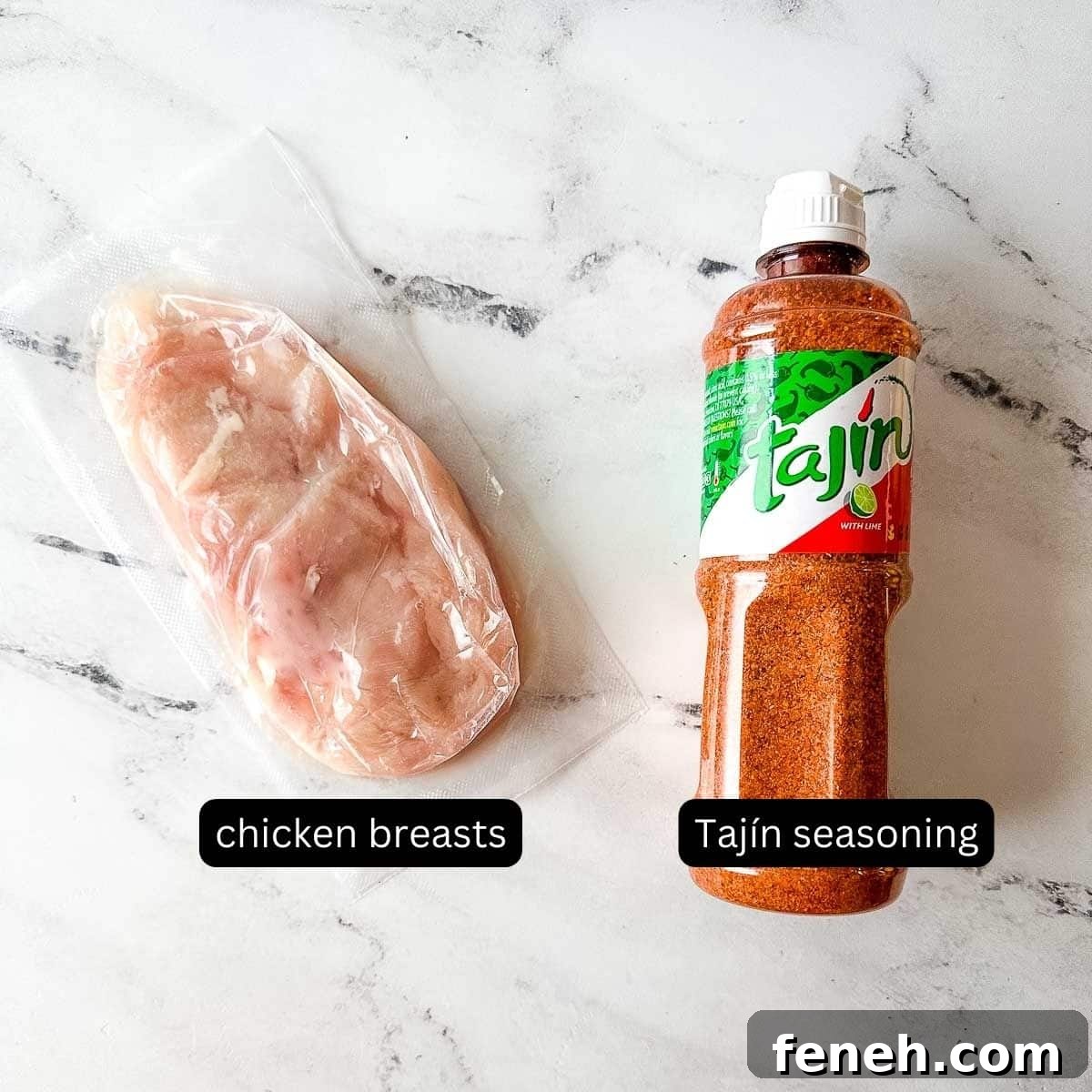 The labeled ingredients for Tajin Grilled Chicken sit on a white marble counter.