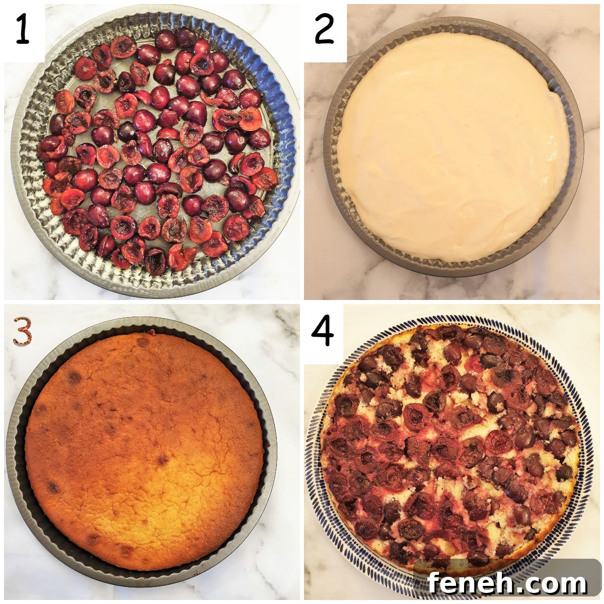 Steps for assembling the cherry cake.