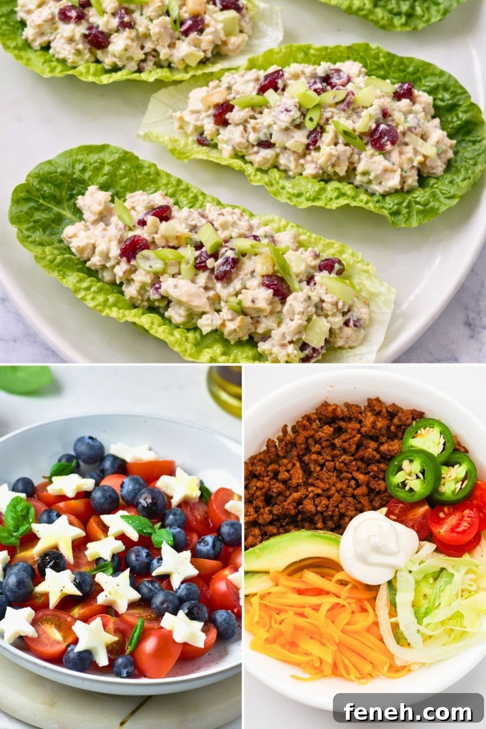 Square Collage of keto lunch ideas, chicken salad romaine lettuce cups, tomato and blueberry salad with star-shaped cheese, and taco salad bowl with ground beef, cheddar, avocado, lettuce, and sour cream.