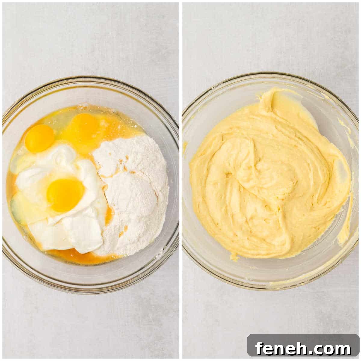 Collage of mixing the batter in a bowl.