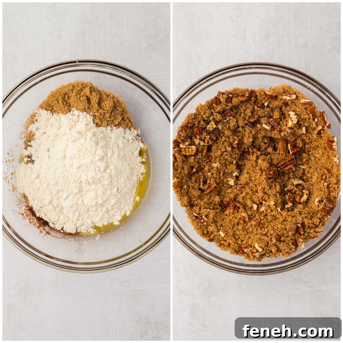 Collage of making the crumble topping in a bowl.