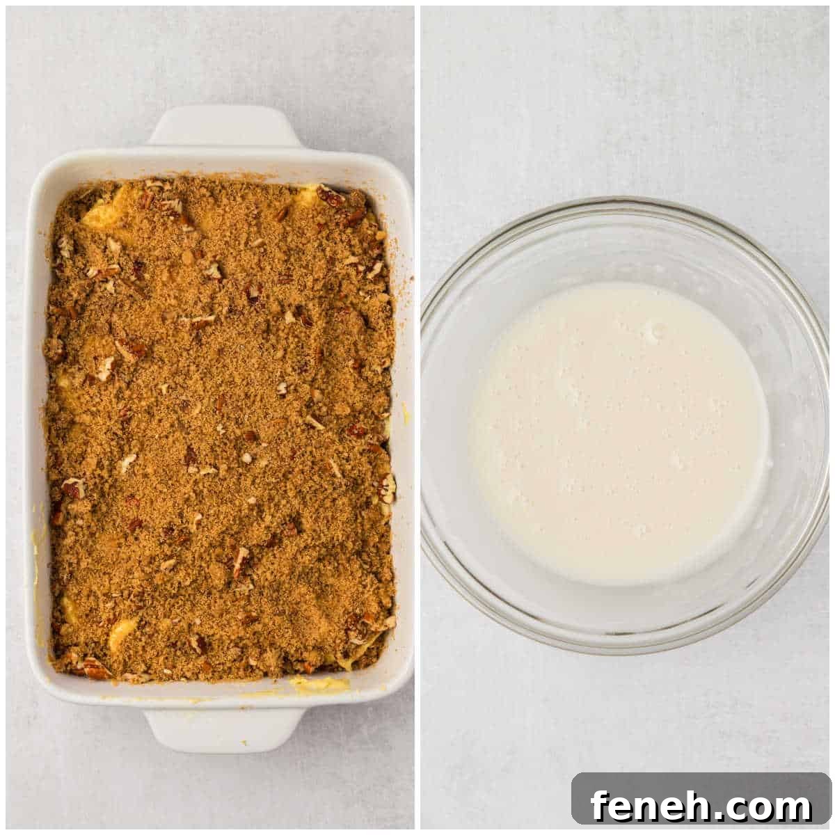 Collage of the baked cake and making the glaze.