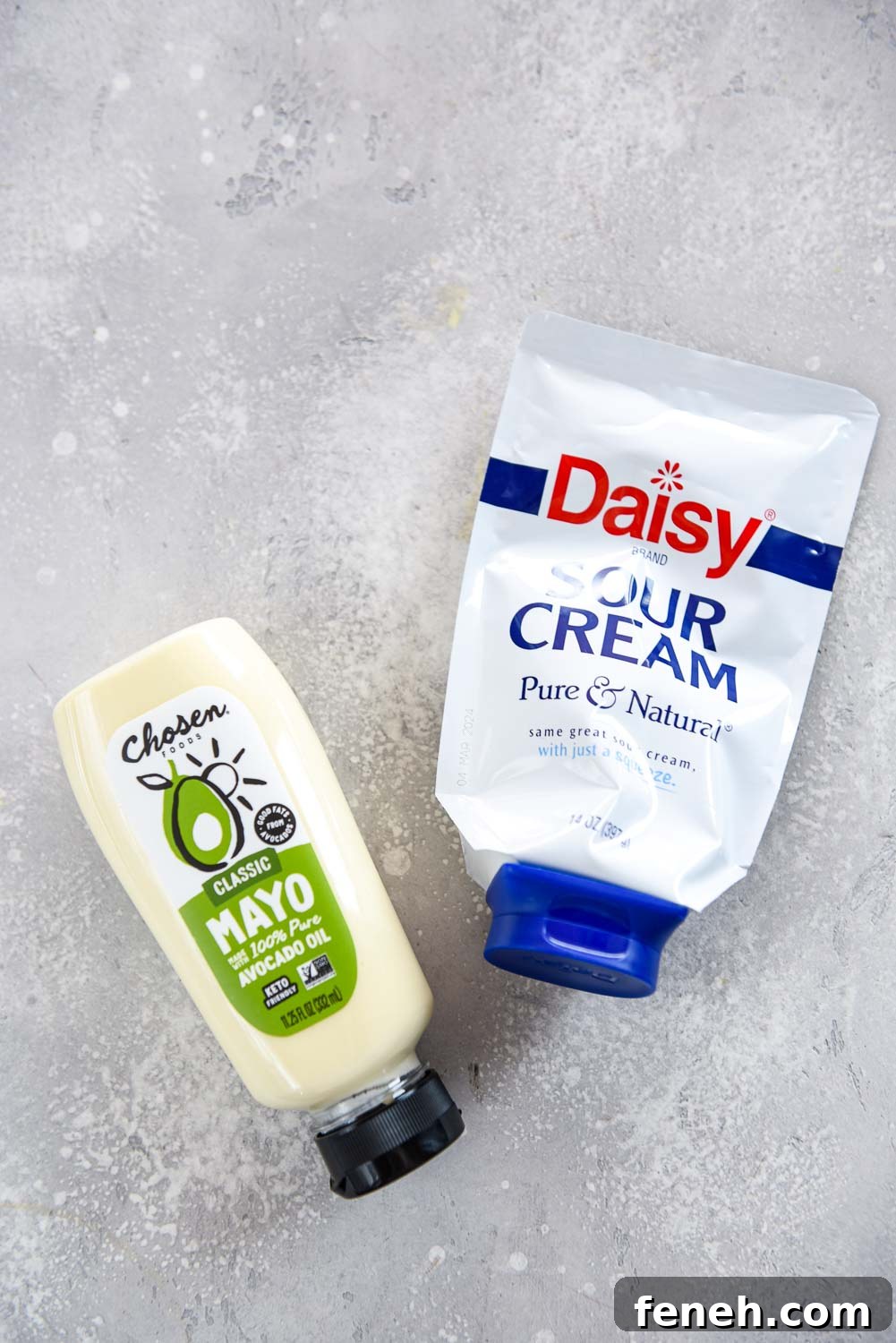 bottle of mayo, squeeze pack of sour cream