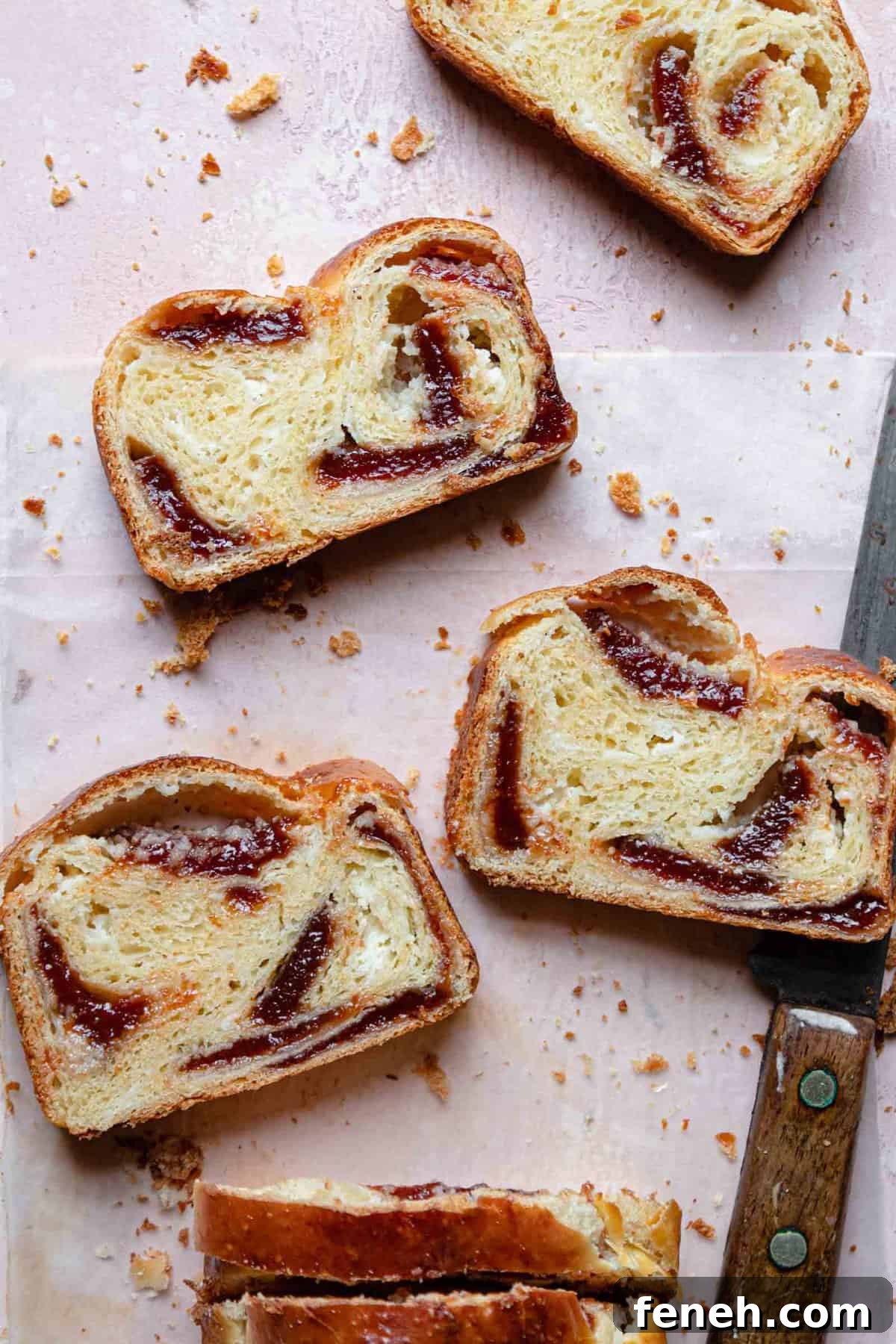 sweet Cheese babka slices swirled with guava paste