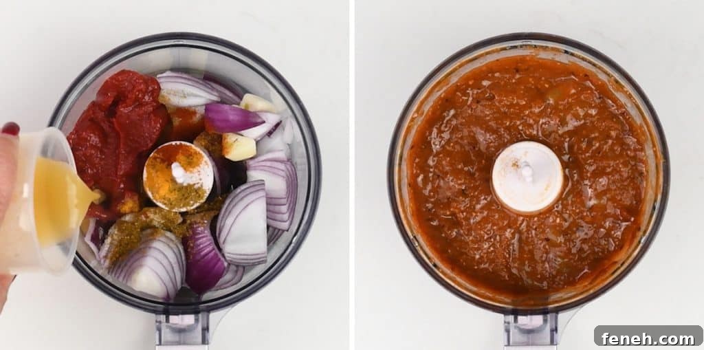 Split image: Left side shows raw ingredients—onion, garlic, tomato paste, and spices—being added to a food processor for an easy curry recipe. Right side shows the blended reddish-brown paste, perfect for Slow Cooker Chicken Curry.