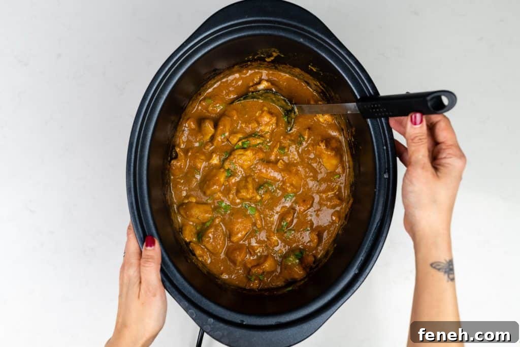 A person with red nail polish and a small wrist tattoo stirs a thick, brown Slow Cooker Chicken Curry with chunks of meat and herbs in a black slow cooker against a white background, showcasing an easy curry recipe.