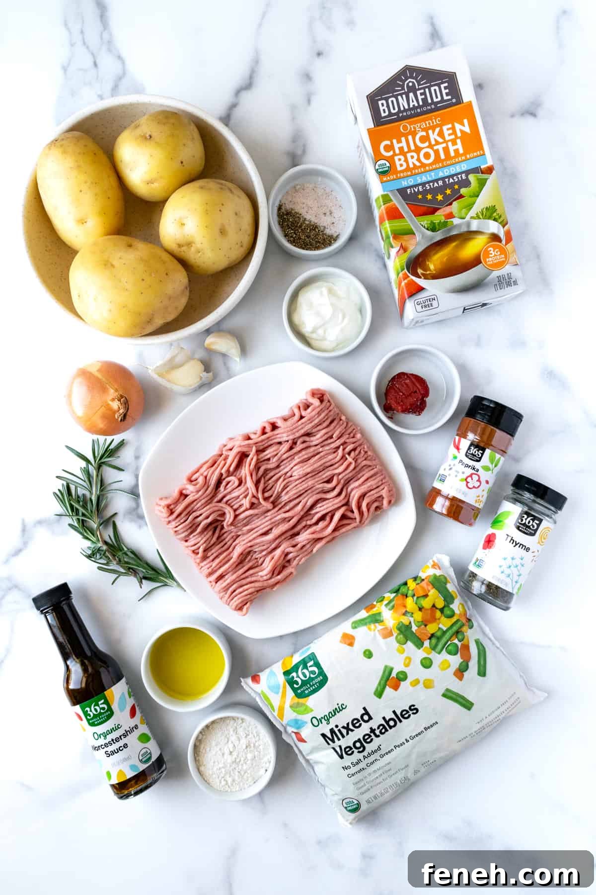 Ground Turkey Shepherd's Pie Ingredients on a marble countertop.