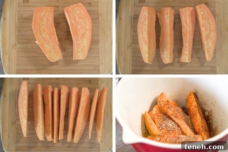 pictures of how to slice a sweet potato into halves, quarters and wedges