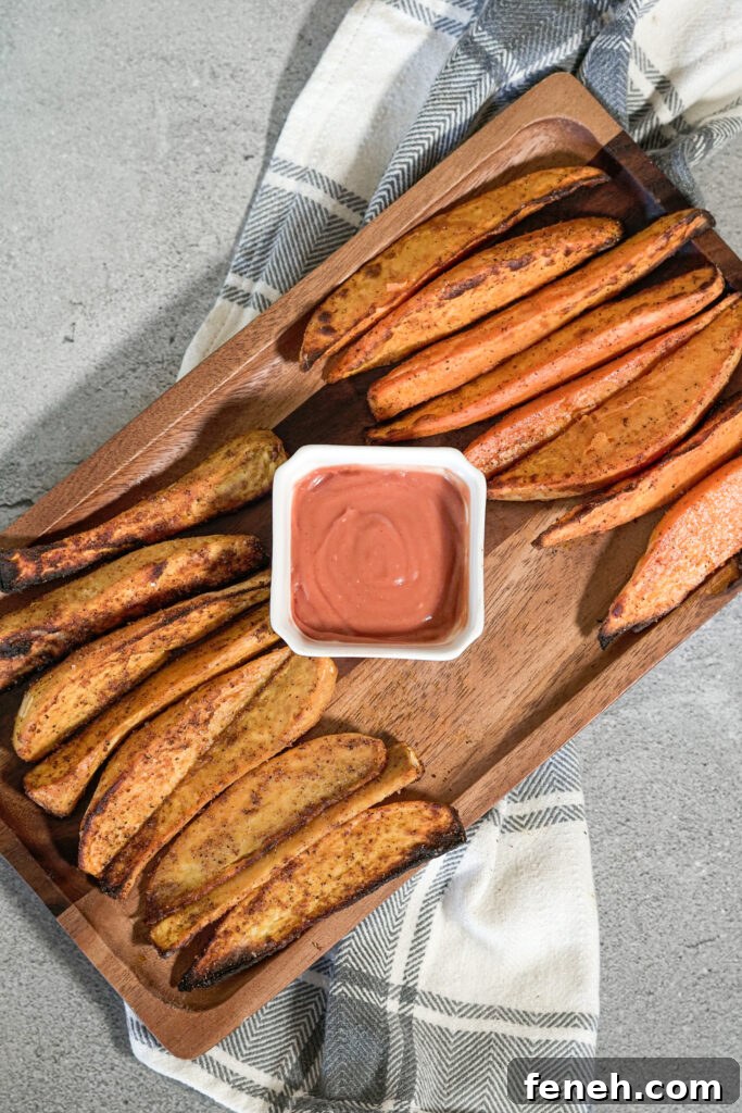 sweet potato wedges on a wooden serving platter