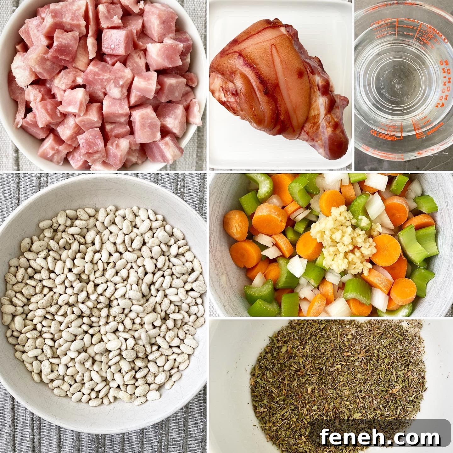 collage of ingredients for crockpot ham and bean soup