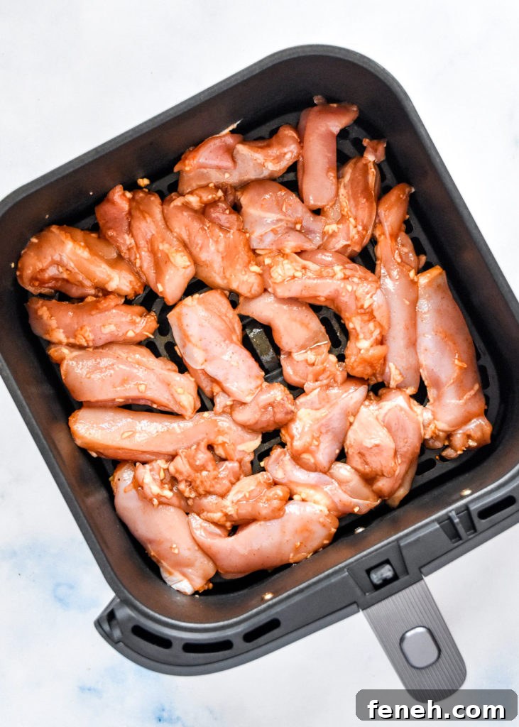 raw marinated chicken in an air fryer basket before cooking.