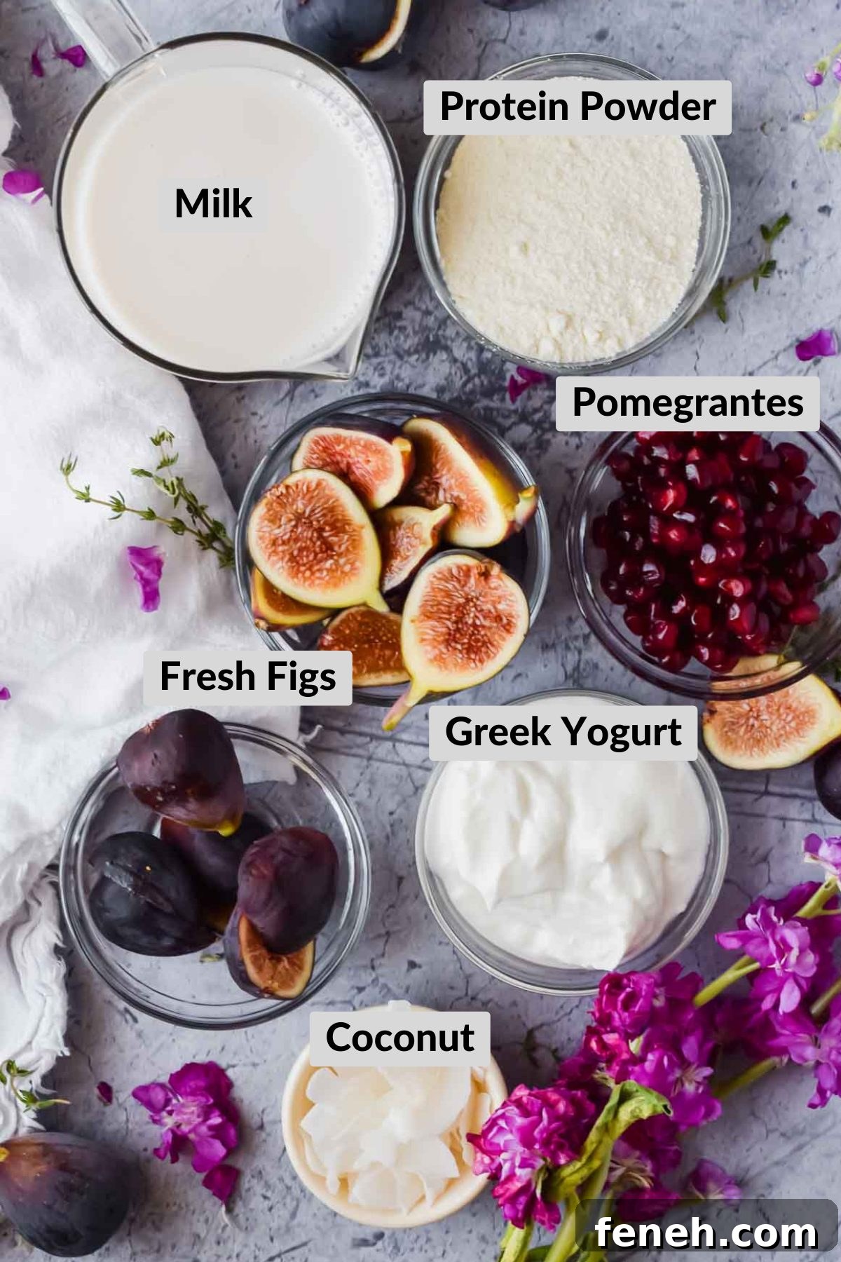 fig smoothie in individual bowls on a grey background.