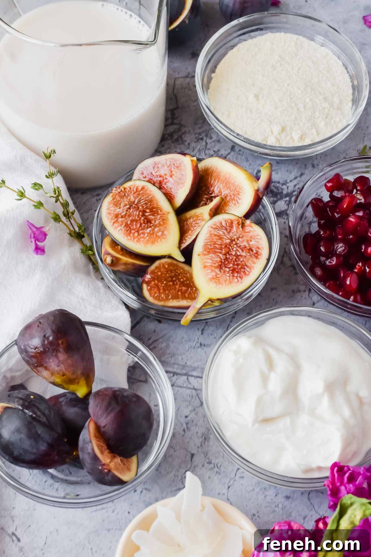 fig smoothie ingredients in individual bowls.