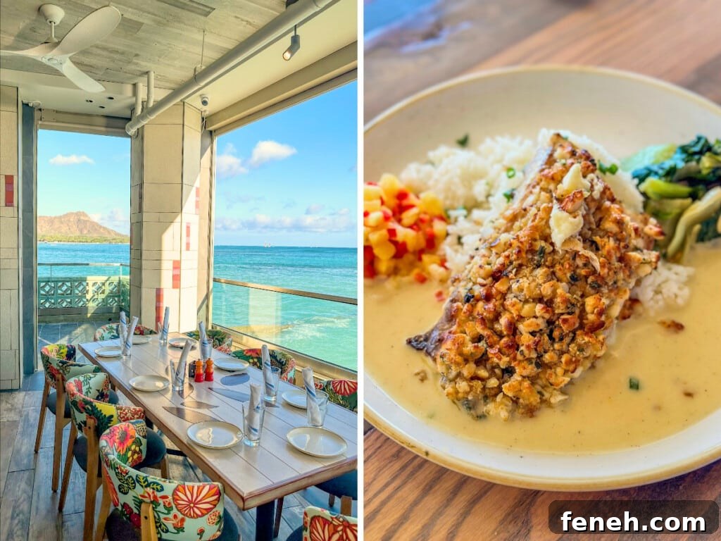 Left: Monkeypod Kitchen restaurant table with a view of Lēʻahi (Diamond Head). Right: Organic Macadamia Nut Crusted Fresh Fish.