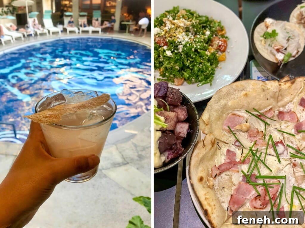 Left: Cocktail by the pool at Mahina & Sun's. Right: A feast of Hawaiʻi Regional Cuisine dishes.