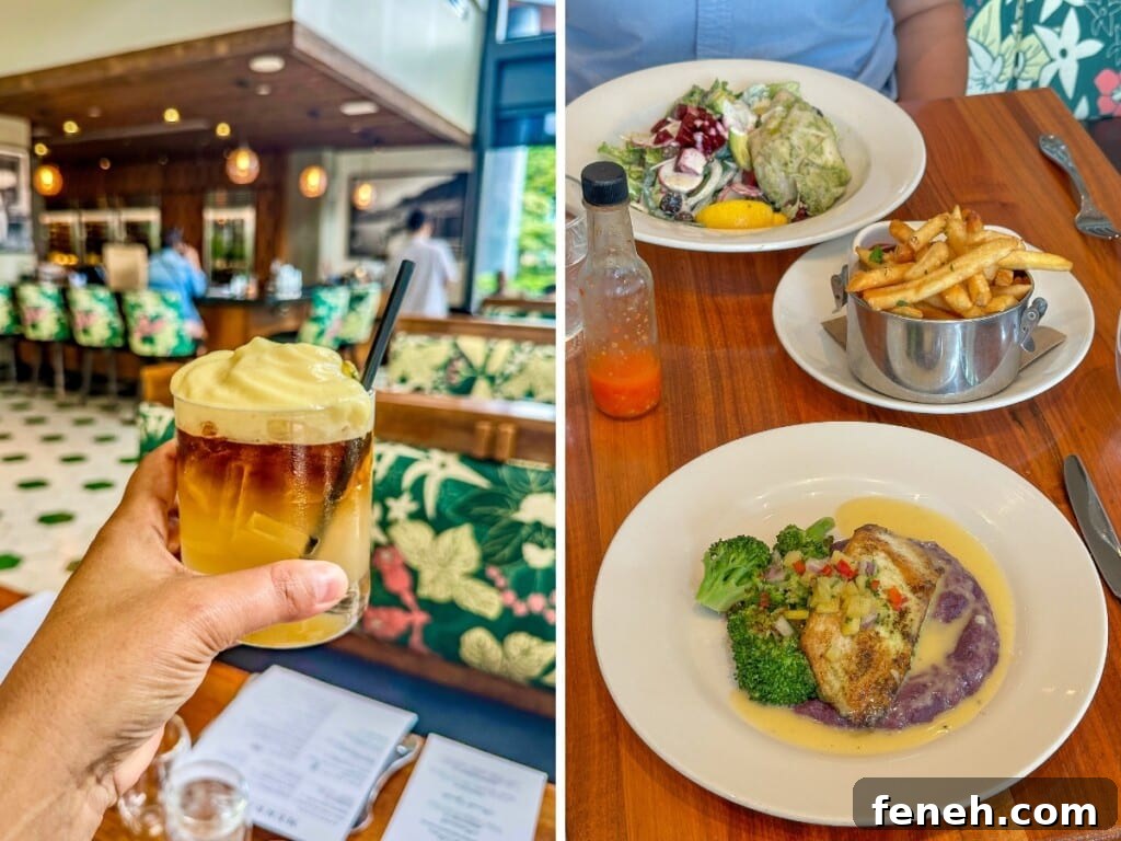 Left: Merriman’s Honolulu restaurant in Ward Village and its famous Mai Tai. Right: Two main local dishes of Hawaiʻi Regional Cuisine with a side of fries.