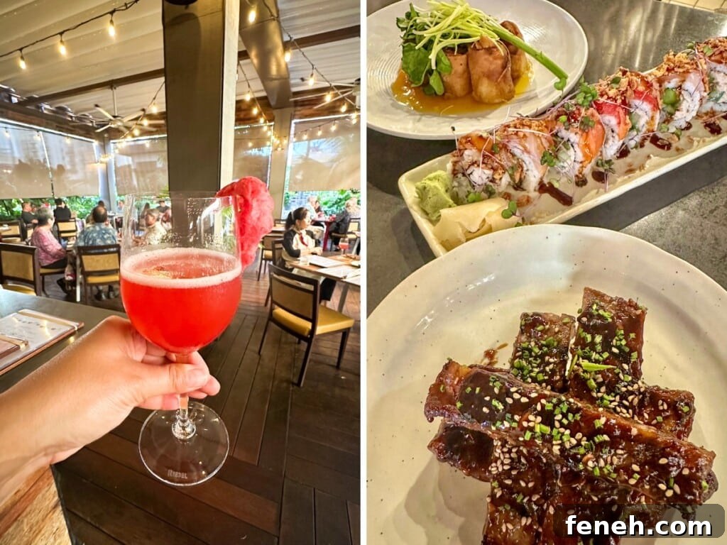 Left: Vibrant red cocktail at Eating House 1849 restaurant in Waikīkī. Right: A selection of Hawaiʻi Regional Cuisine dishes including ribs and sushi.