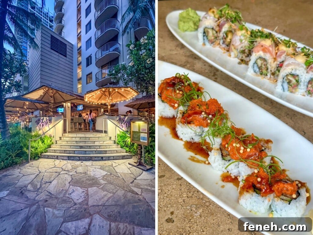 Left: Roy's Hawaii restaurant in Waikīkī at night. Right: Two of the restaurant's delicious sushi platters.