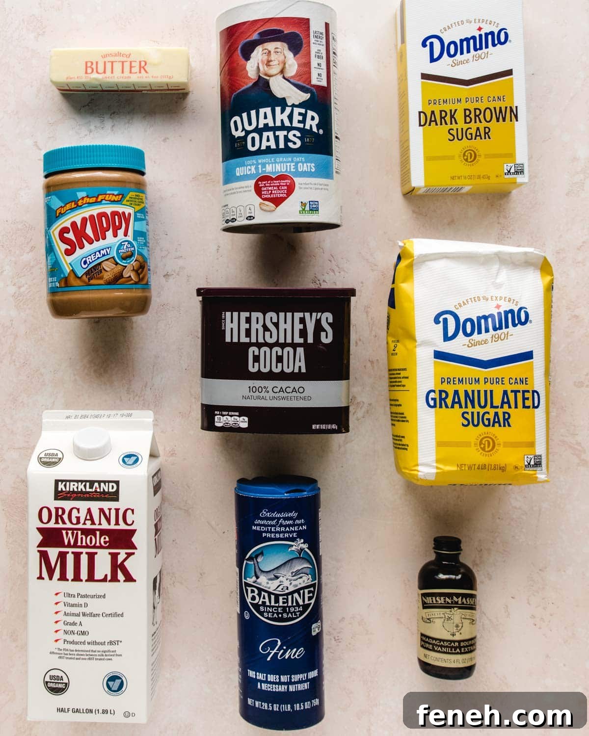 Ingredients needed to make no-bake chocolate peanut butter oat cookies.