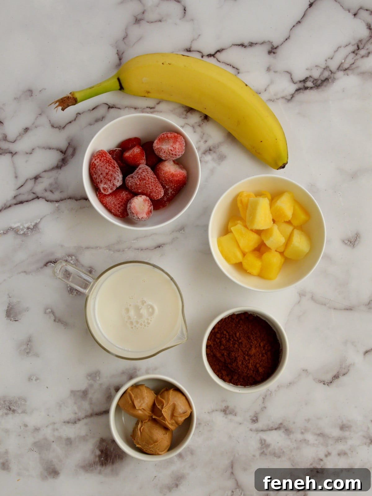 ingredients for a chocolate pineapple smoothie