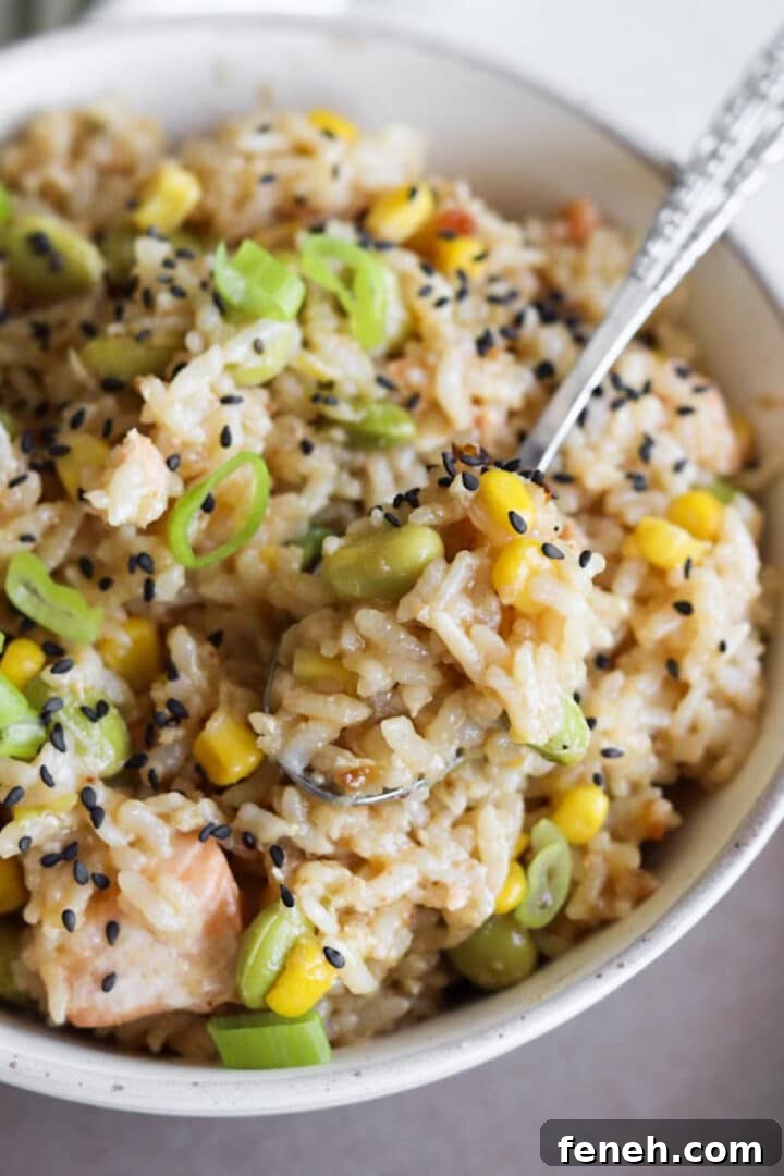 Close-up photo of a salmon rice bowl that's been made in the rice cooker