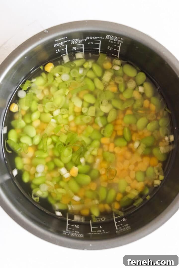 Rice and veggies placed in a rice cooker raw